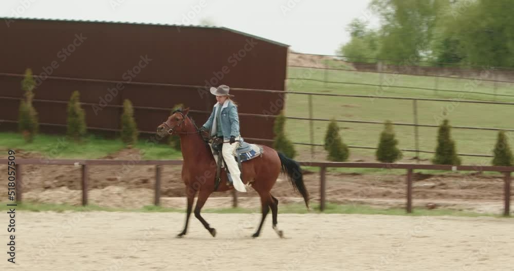 Horse running sport, woman jockey riding horse racing outdoor. Beautiful mare walking in pasture. Brown stallion, dressage. Training domestic animals. Nature, summer landscape. 