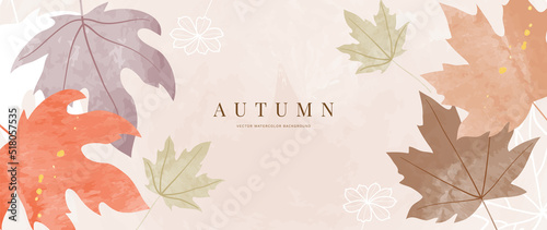 Autumn foliage in watercolor vector background. Abstract wallpaper design with maple leaves, line art, colorful, flowers. Elegant fall season illustration suitable for fabric, prints, cover. 
