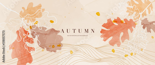 Autumn foliage in watercolor vector background. Abstract wallpaper design with oak leaves, line art, flowers. Elegant botanical in fall season illustration suitable for fabric, prints, cover.