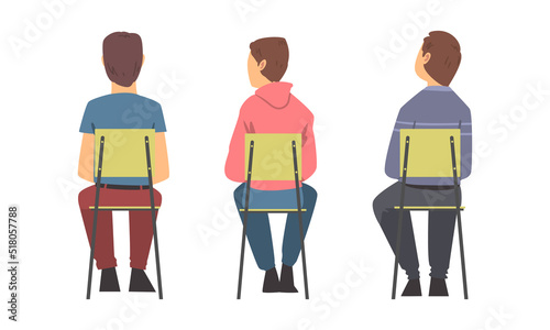 View from behind of young men sitting in chairs in row, students listening lecture, conference participants cartoon vector illustration
