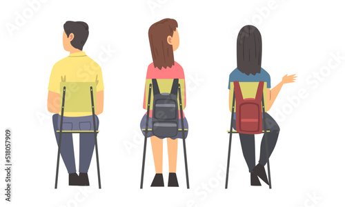 View from behind of young people sitting in chairs in row, students listening lecture cartoon vector illustration