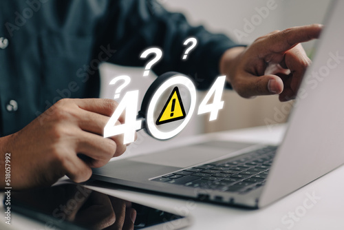 A man examines a website message with a magnifying glass and question marks. of error 404, page not found, online service notification.