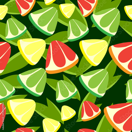 Seamless background in dark green color with fruits and leaves of grapefruit, lemon and lime. Vector graphics