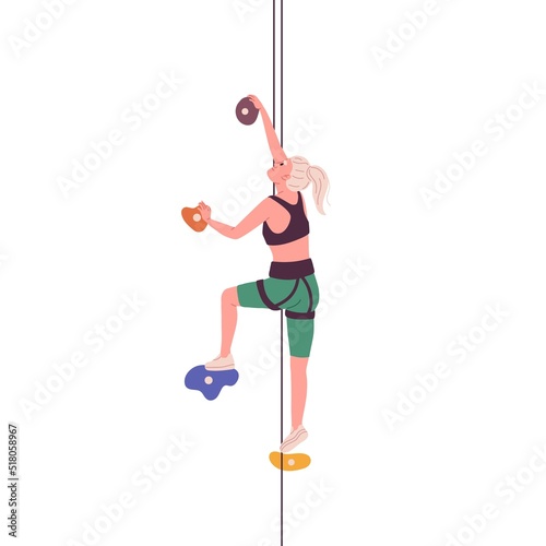 Woman climber reaching up on rock wall. Person suspended on safety ropes climbing in bouldering park, gripping stones on fake mountain cliff. Flat vector illustration isolated on white background