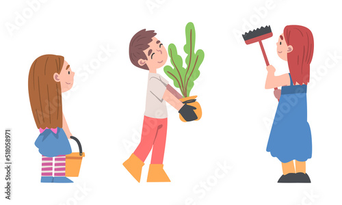 Save the Earth concept. Children planting and watering trees cartoon vector illustration