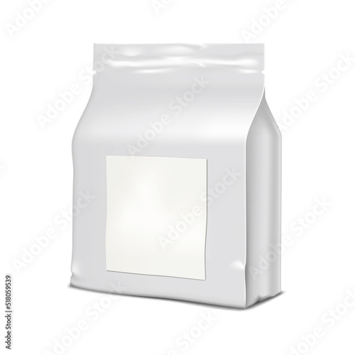White plastic bag with blank paper label sticker vector mock-up. Flat bottom pouch with tear notches mockup. Template for packaging design