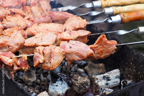 Delicious grilled meat in BBQ. Barbecue, kebabs on the grill. Close-up of meat on barbecue grill with smoke