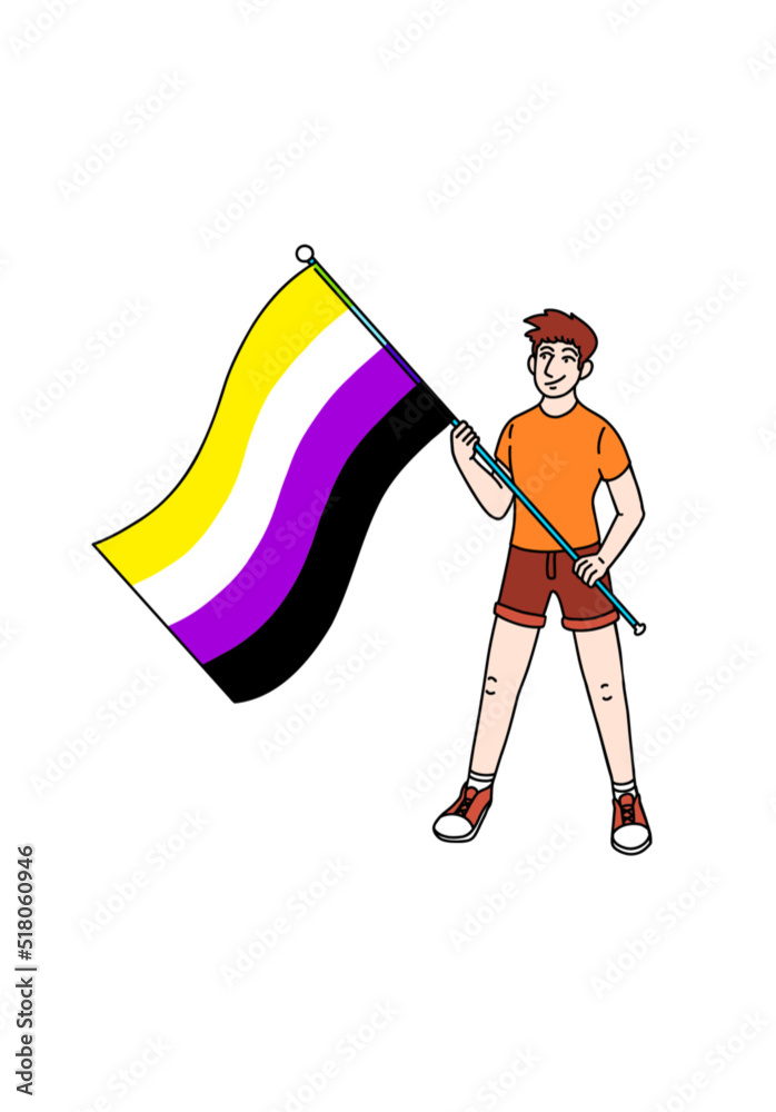 Happy White young man holding big Non Binary Flag (LGBT Pride Flag). Character representing LGBTQ Community. Happy White young man holding big Non Binary Flag (LGBT Pride Flag). Character representing LGBTQ Community.