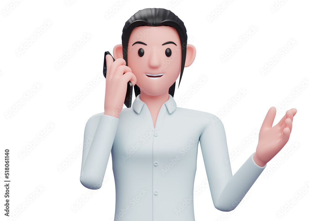 portrait of a business woman having a telephone conversation, 3D render business woman in blue shirt holding phone illustration portrait of a business woman having a telephone conversation, 3D render business woman in blue shirt holding phone illustration