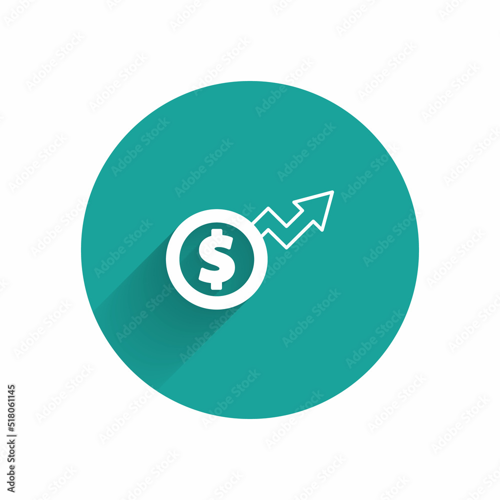 White Financial growth dollar coin icon isolated with long shadow background. Increasing revenue. Green circle button. Vector White Financial growth dollar coin icon isolated with long shadow background. Increasing revenue. Green circle button. Vector