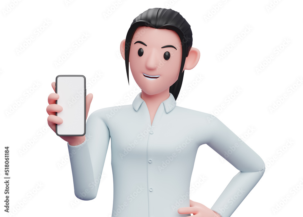 portrait of a woman holding and looking at a cellphone with her left hand on her waist, 3D render business woman in blue shirt holding phone illustration portrait of a woman holding and looking at a cellphone with her left hand on her waist, 3D render business woman in blue shirt holding phone illustration