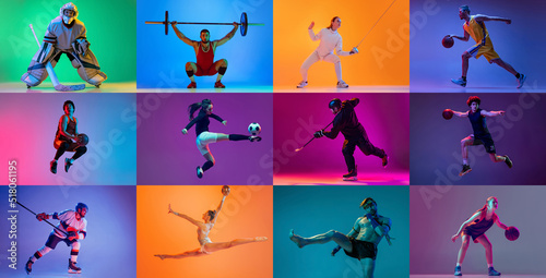Sport collage of professional athletes on gradient multicolored neoned background. Concept of motion  action  active lifestyle  achievements  challenges