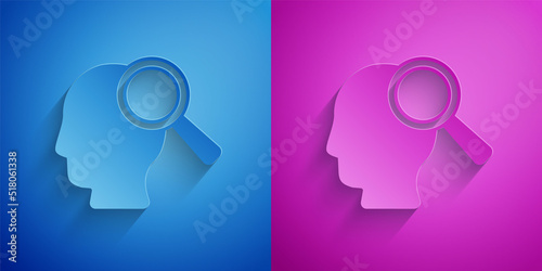 Paper cut Magnifying glass for search a people icon isolated on blue and purple background. Recruitment or selection. Search for employees and job. Paper art style. Vector