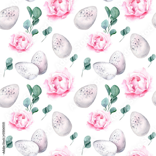 Canvas Print Watercolor seamless pattern with easter eggs, flowers and eucalyptus branches