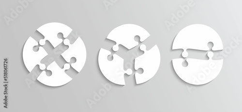 Jigsaw grids in circle shape. Puzzle pieces set with 2,3, and 4 details. Scheme for thinking game. Simple mosaic background. Cutting template with details. Frame tiles. Vector illustration.