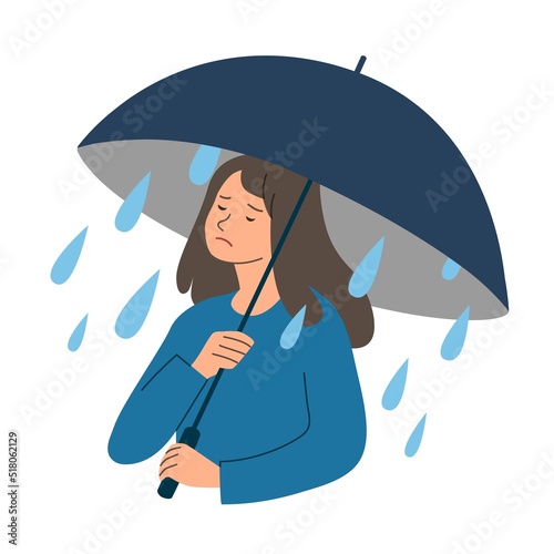 Sad girl is holding umbrella. Raindrops fall on her from inside the umbrella. Human personal problem, hopelessness and depression concept. Vector illustration in flat stile.