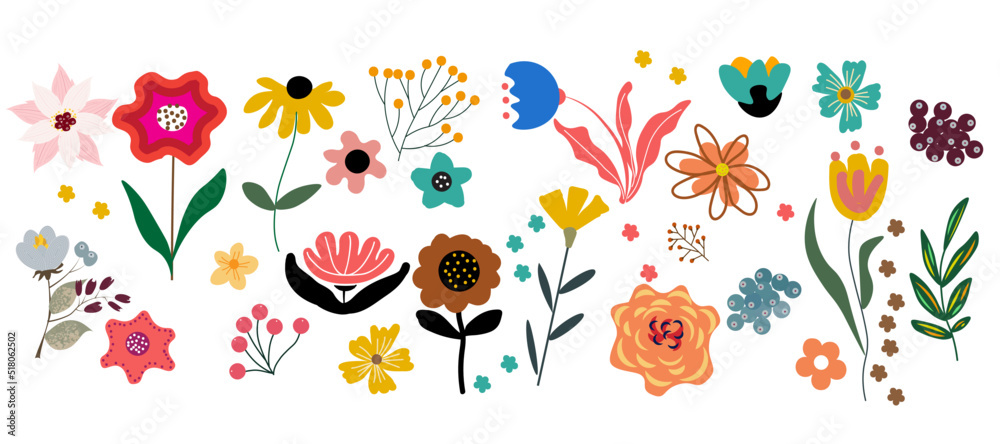 Fototapeta premium Modern set of abstract elements flowers and leaves, bright minimal design, vector illustration