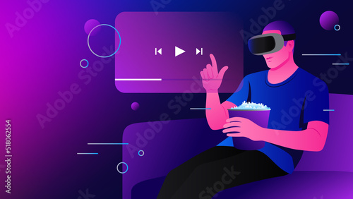 Watching Movies in Metaverse. Man in VR Goggles with popcorn Illustration. Vector illustration