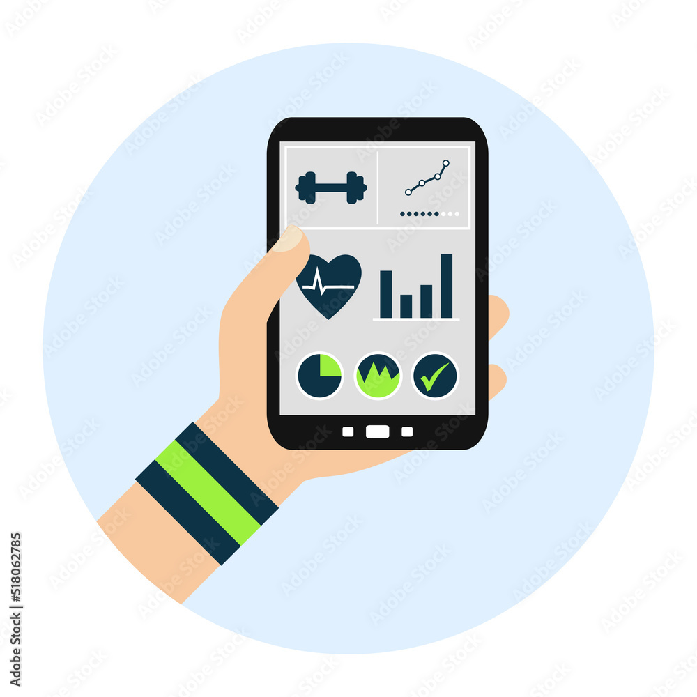 Flat Design Kreis: Fitness App - Sportliche Personhält Smartphone Flat Design Kreis: Fitness App - Sportliche Personhält Smartphone