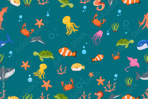  Fish and wild marine animals pattern. Seamless background with cute marine fishes, smiling shark characters and sea underwater world vector nautical wallpaper © Background_GG
