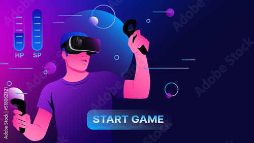 Video Gaming in Metaverse. Leisure Activities in Virtual Reality. Vector illustration
