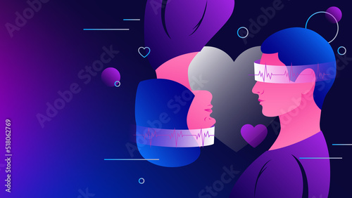 Finding Love in Metaverse. Young Couple in Virtual Reality, Romantic Relationship Illustration. Vector illustration