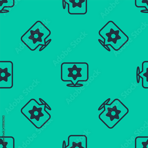 Blue line Star of David icon isolated seamless pattern on green background. Jewish religion symbol. Symbol of Israel. Vector