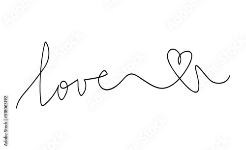 One line continuous lettering. Vector hand written word Love with heart. Modern calligraphy style, design element for print, banner, wall art poster, Valentine’s Day card.