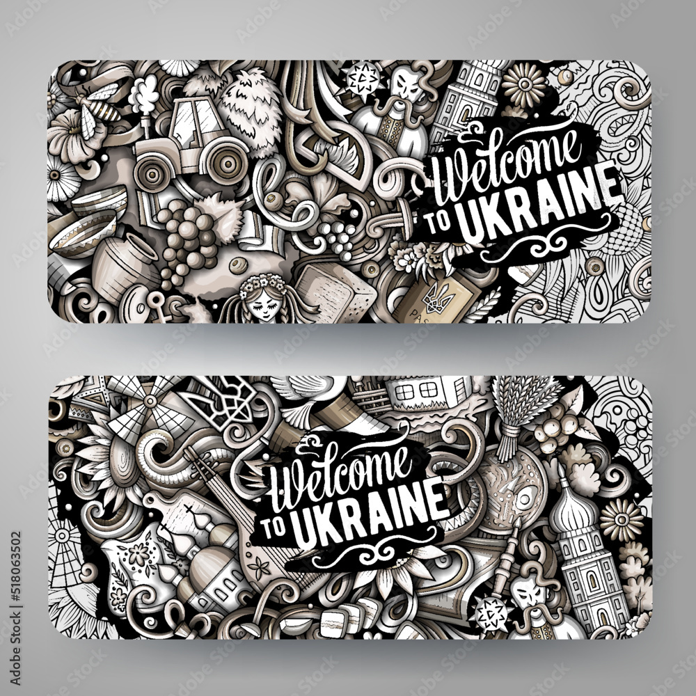 Cartoon cute graphics vector doodles Ukraine banners