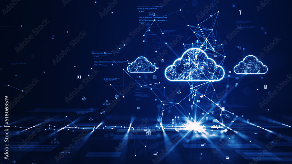 Cloud and edge computing technology concept with cybersecurity data protection system. Three large cloud icons stand out on the right side. polygon connect code small icon on dark blue background. - obrazy, fototapety, plakaty 