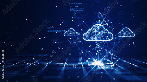Cloud and edge computing technology concept with cybersecurity data protection system. Three large cloud icons stand out on the right side. polygon connect code small icon on dark blue background. photo