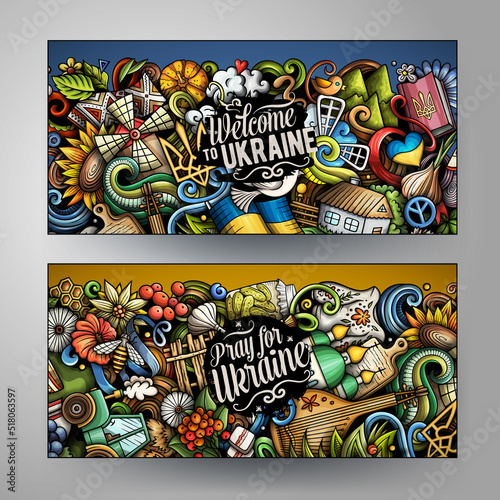Cartoon cute colorful vector doodles Ukraine banners
