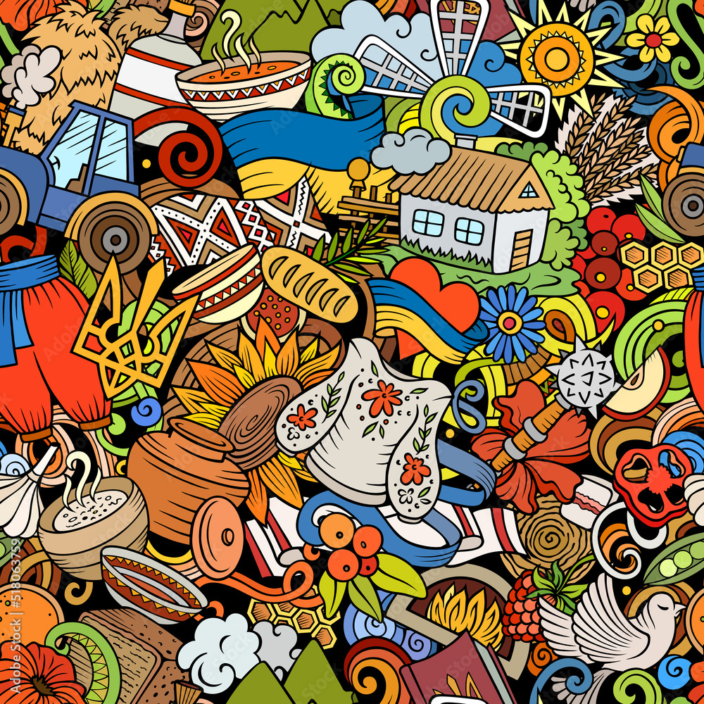Cartoon doodles Ukraine seamless pattern