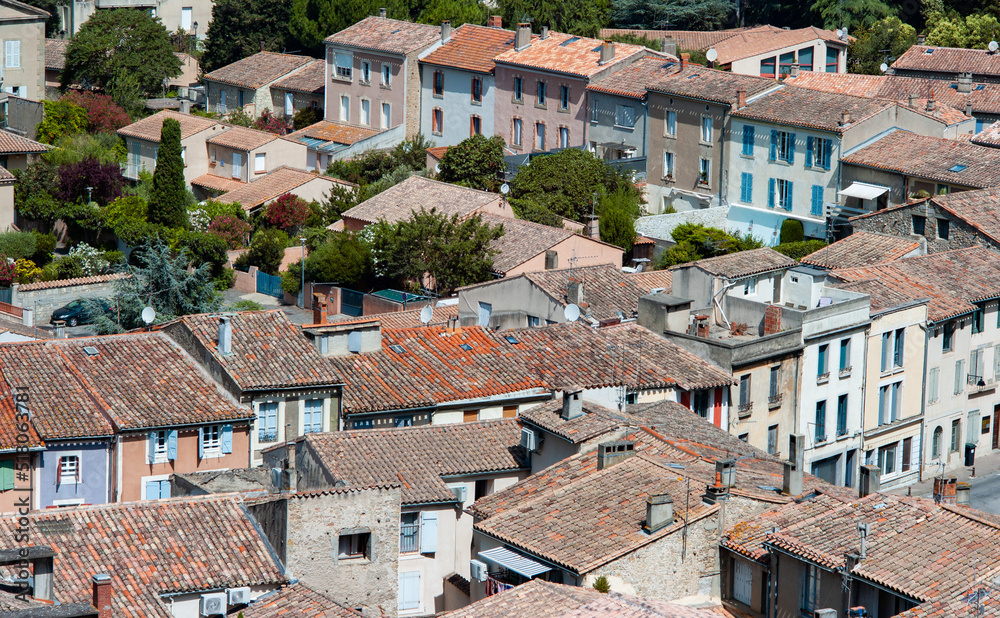 Looking down over the orange tiled rooftops of Carcassonne in the south of France