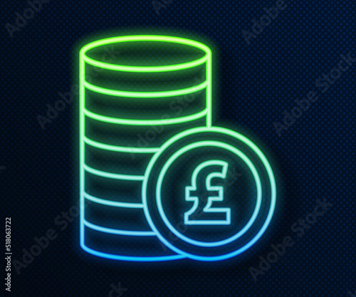 Glowing neon line Coin money with pound sterling symbol icon isolated on blue background. Banking currency sign. Cash symbol. Vector