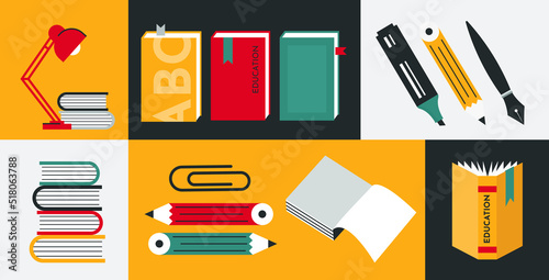 Set of various office supplies and stationery.Back to school. Collection of icons and stationery symbols. photo