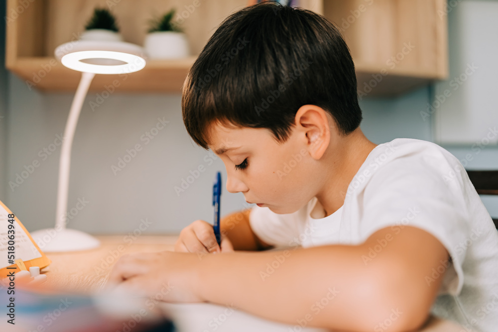 Back to School home online learning, distance lesson, education at home, technology for school. Children doing homework at exercise book writing at home Back to School home online learning, distance lesson, education at home, technology for school. Children doing homework at exercise book writing at home