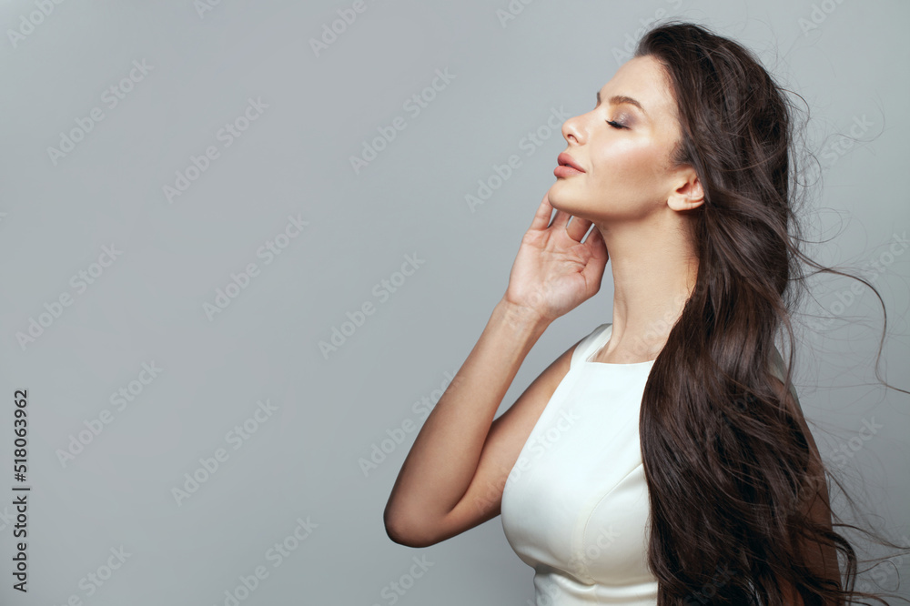 Studio portrait of young perfect woman brunette with long wavy hairstyle touching her hand her face on gray banner background. Studio portrait of young perfect woman brunette with long wavy hairstyle touching her hand her face on gray banner background.