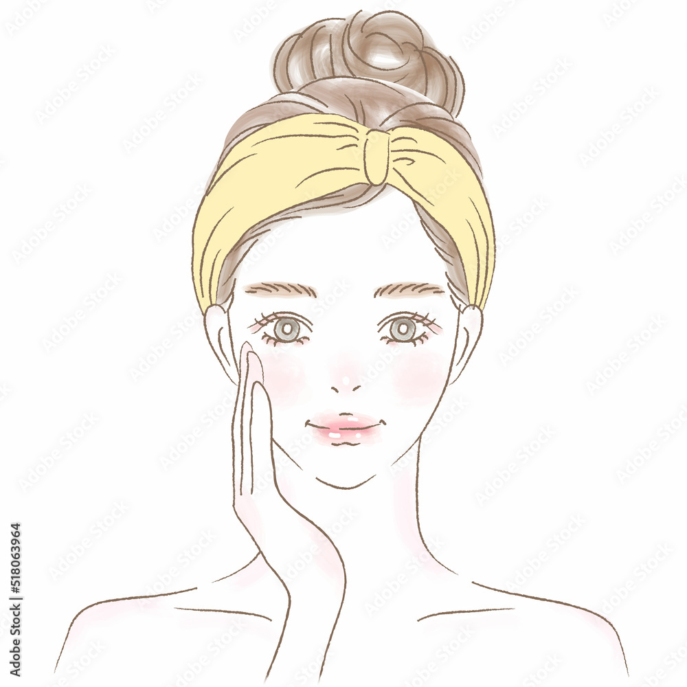 頬に手を当てるヘアバンドのお団子女性上半身イラスト 頬に手を当てるヘアバンドのお団子女性上半身イラスト