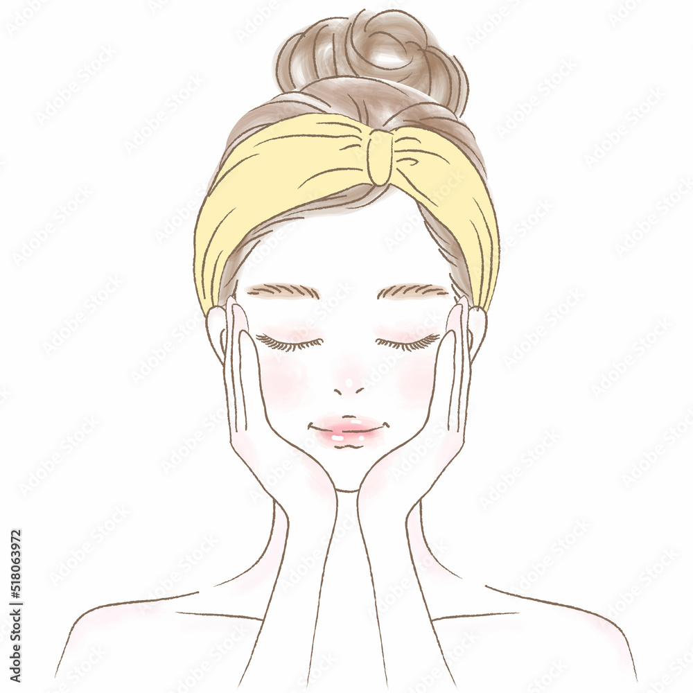 頬に手を当てるヘアバンドのお団子女性上半身イラスト 頬に手を当てるヘアバンドのお団子女性上半身イラスト