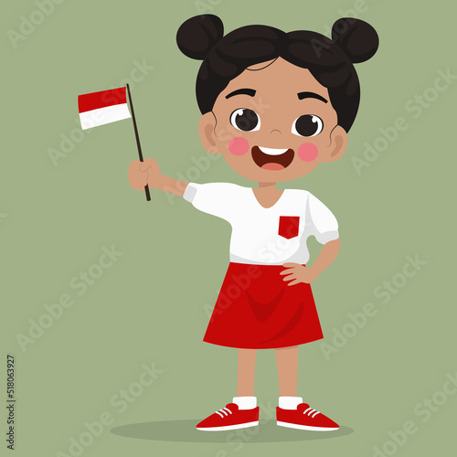 Cute girl indonesia independence day mascot with school uniform