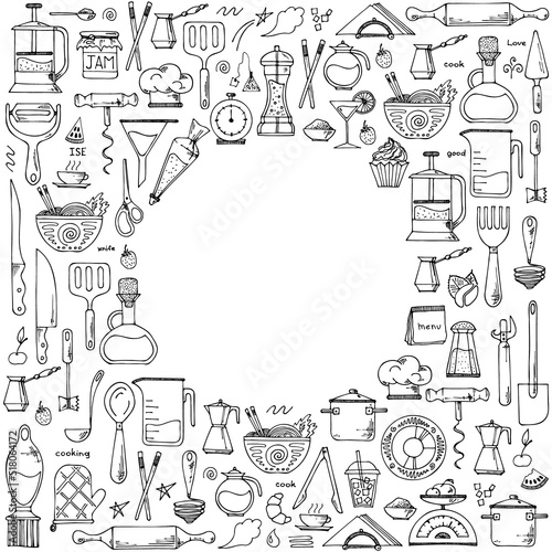 Vector circle  background of kitchen tools. Hand drawn doodle cooking equipments. illustration for restaurant menu, recipe book, and wallpaper.