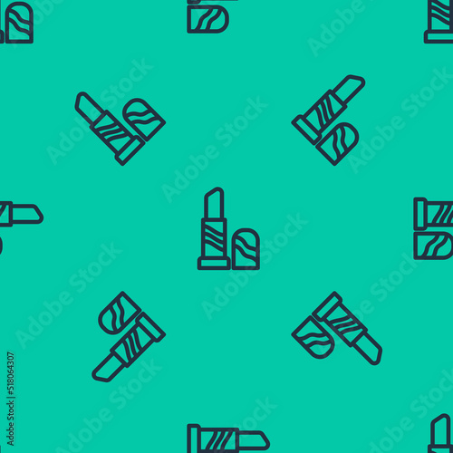 Blue line Lipstick icon isolated seamless pattern on green background. 8 March. International Happy Women Day. Vector