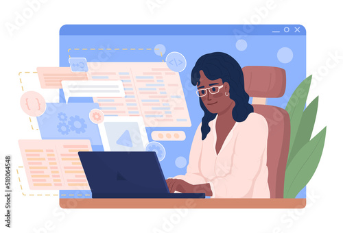 Software engineer at work 2D vector isolated illustration. Coding flat character on cartoon background. Remote work colourful editable scene for mobile, website, presentation. Comfortaa font used