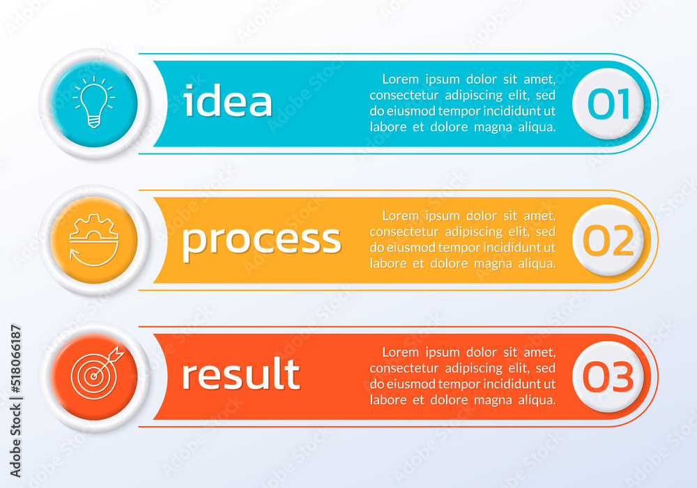 3 number list template. Five step business layout with text banners, numbers and icons. Modern info graphic design. Presentation, chart, brochure concept with 3d elements. Vector illustration.