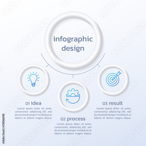 3 steps circle infographic design with business icons. 3d diagram, process, presentation template. Modern info graphic elements. Vector illustration.