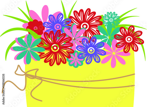 Bouquet of spring flowers inside the envelope and other decor elements. Flat design. Paper cut style. Hand drawn trendy vector greeting card.