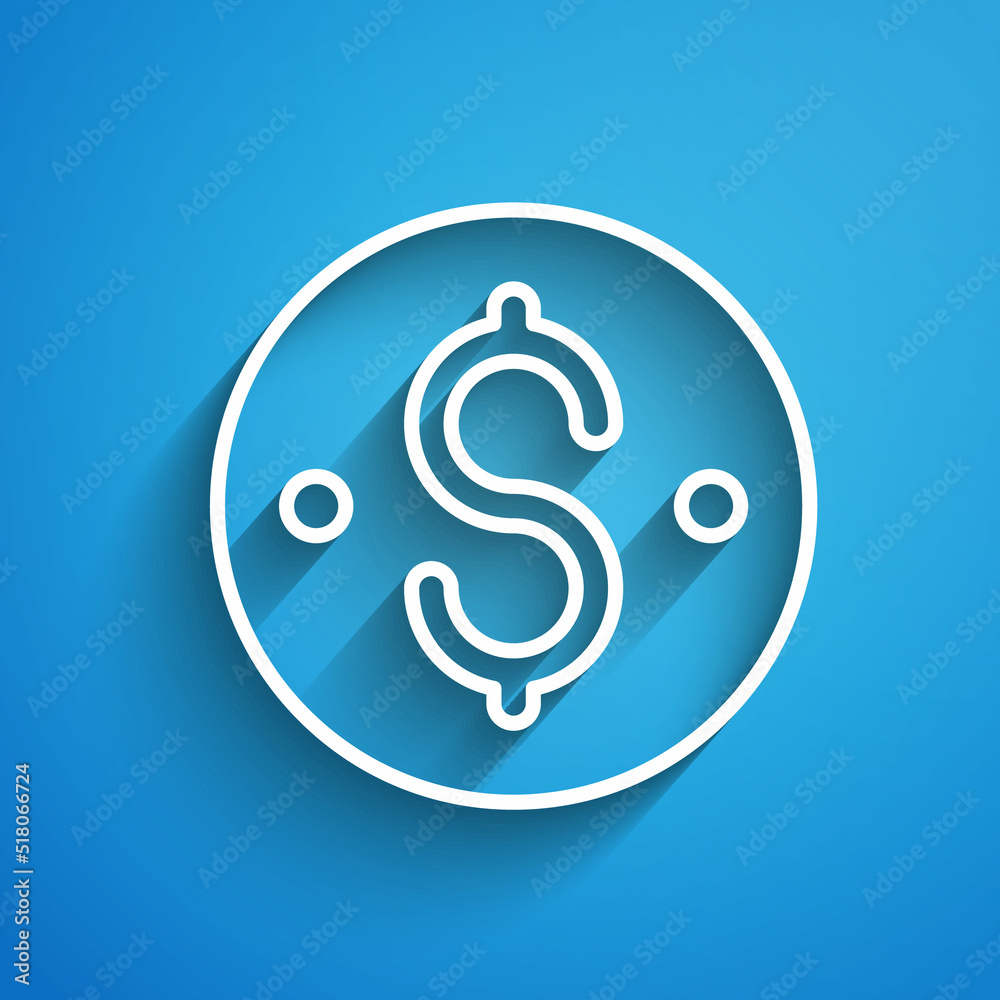 White line Dollar symbol icon isolated on blue background. Cash and money, wealth, payment symbol. Casino gambling. Long shadow. Vector White line Dollar symbol icon isolated on blue background. Cash and money, wealth, payment symbol. Casino gambling. Long shadow. Vector