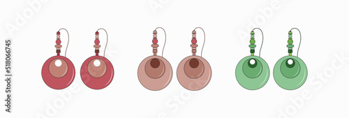 A set of round earrings in light brown, brick and light green colors. Round earrings made of stones and beads for the jewelry store logo. Emblems for handmade products, jewelry, shopping Vector image 