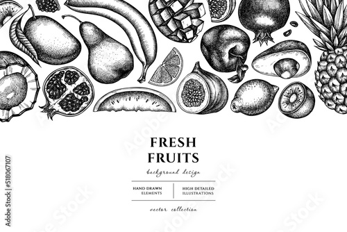 Fruits hand drawn illustration design. Background with sketch bananas, pears, kiwi etc.
